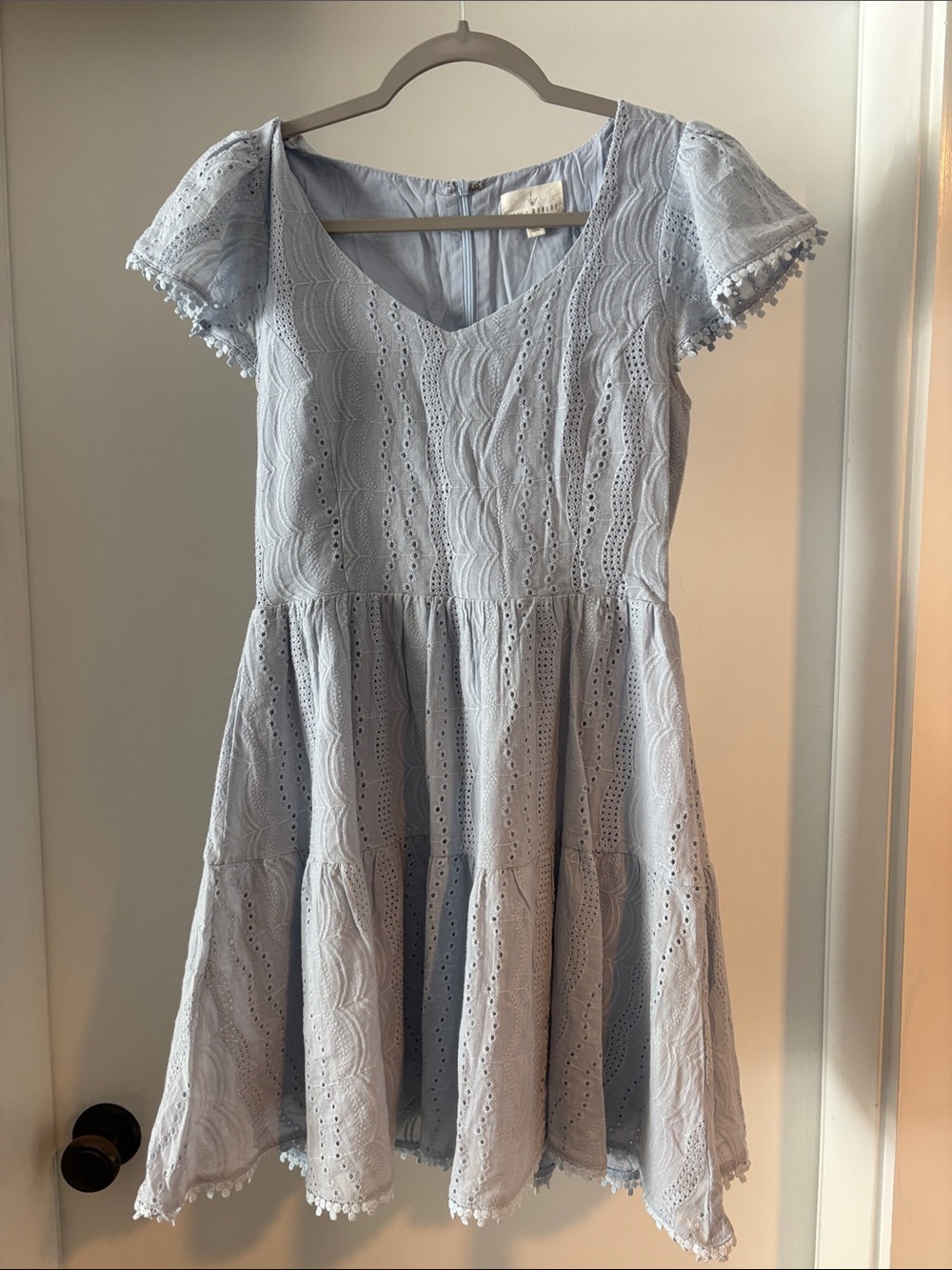 Lost + Wander Light Blue Embroidered V-Neck Dress